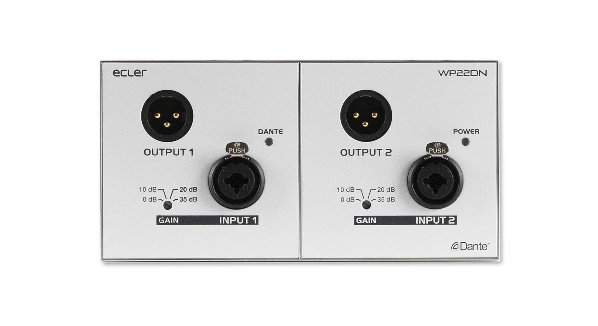 Настінний аудіоінтерфейс Ecler WP22DN (Dante, 2x MIC/LINE In, 2x Out, PoE)